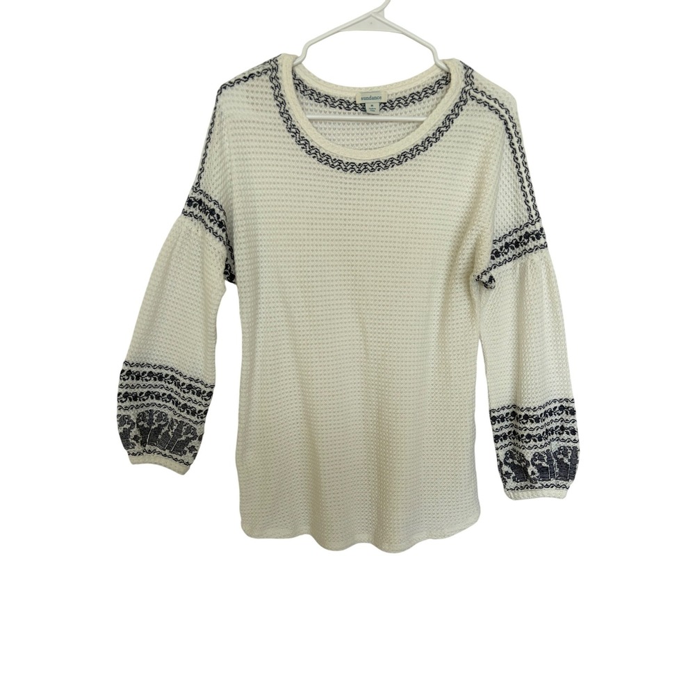 Sundance Ivory Waffle Knit Embroidered Bishop Sleeve Top Womens Medium Blue Boho